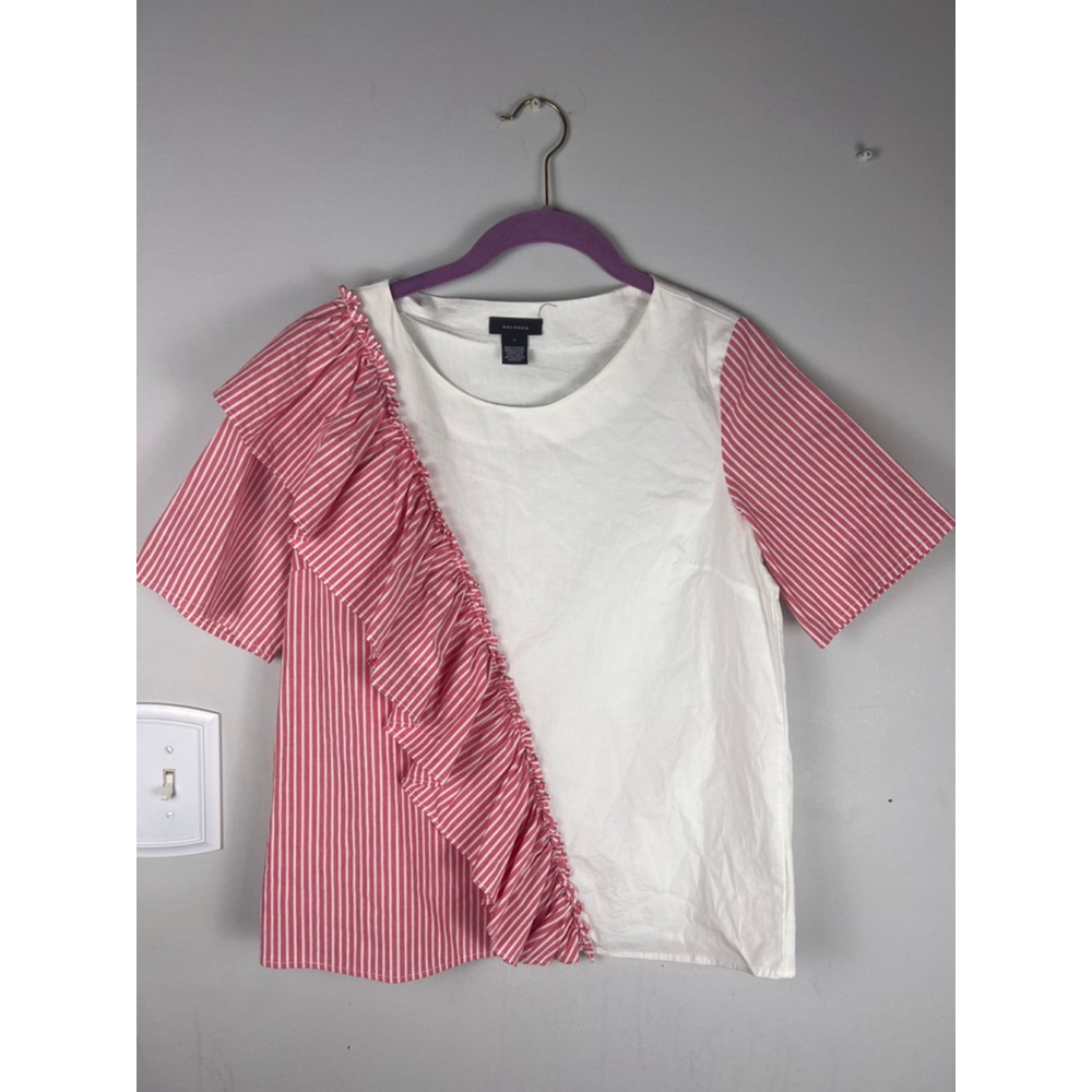 Halogen Small Asymmetrical Ruffle Top Red White Stripe Short Sleeve Cotton